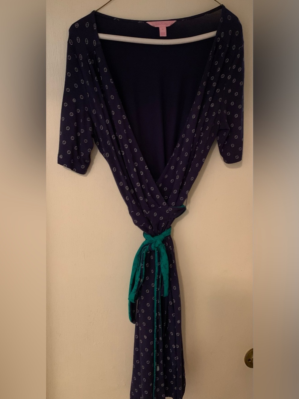 Lilly Pulitzer Navy Polka Dot Wrap dress with green and blue Tie